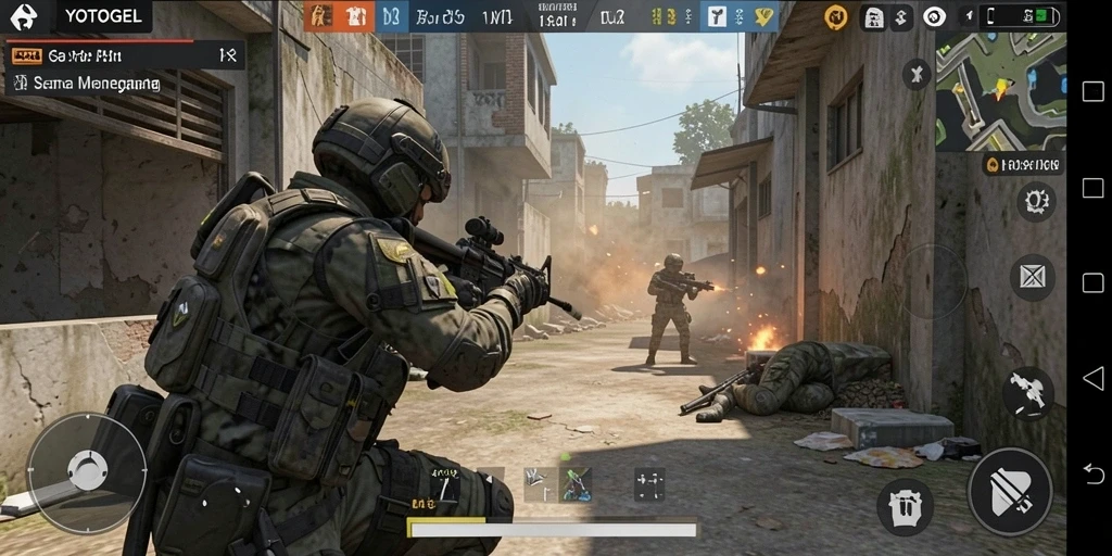 Gameplay YOTOGEL menampilkan pertarungan FPS yang seru.